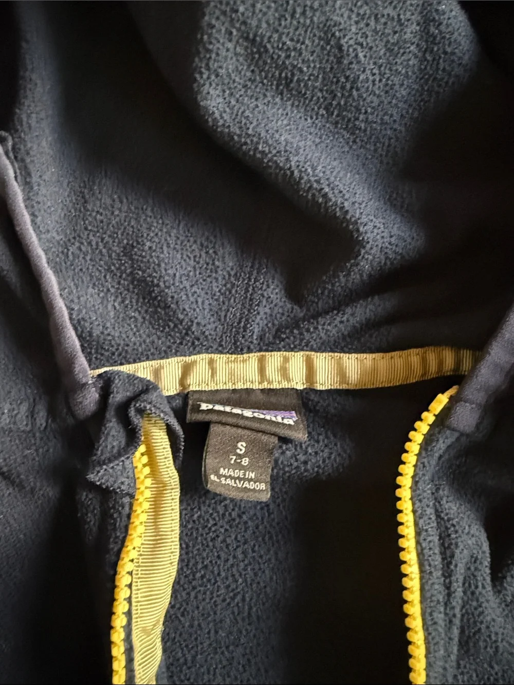 Patagonia Navy Blue Zip Fleece Hoodie with Yellow 7-8 well loved rips stains 💙💛